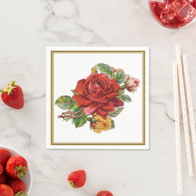 serviettes en papier vintage Red Rose Floral (En situation)