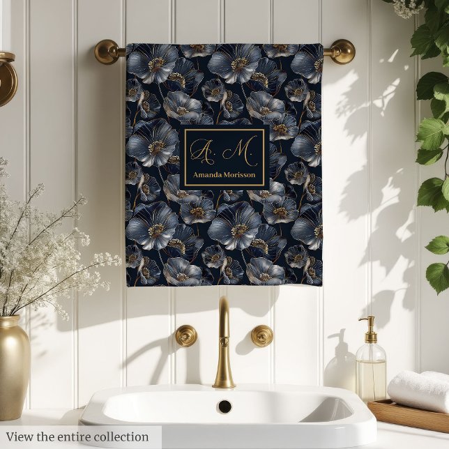 Serviettes Florales Or et Marine Élégant Accent Mo (Navy Gold Floral Towels Elegant Monogram Accent)