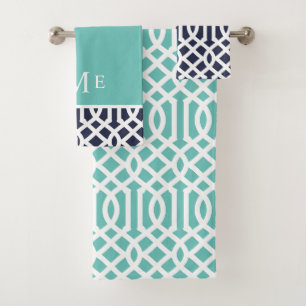 Serviettes Monogrammées Treillis Aqua et Bleu Mari