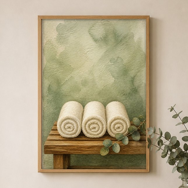 Serviettes sur un Banc en Teck Affiche Aquarelle (Shown framed for scale. Poster ships unframed; frames are an optional add-on.)