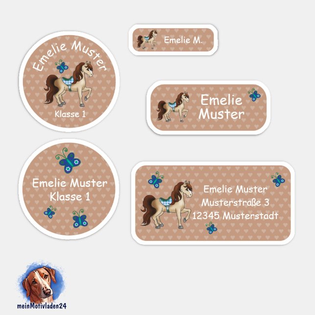 Set - 24 autocollants Chevaux Coeur brun | (Namensaufkleber Set für Mädchen - Pferde - Herzchen braun - 24 teilig, personalisierbar )