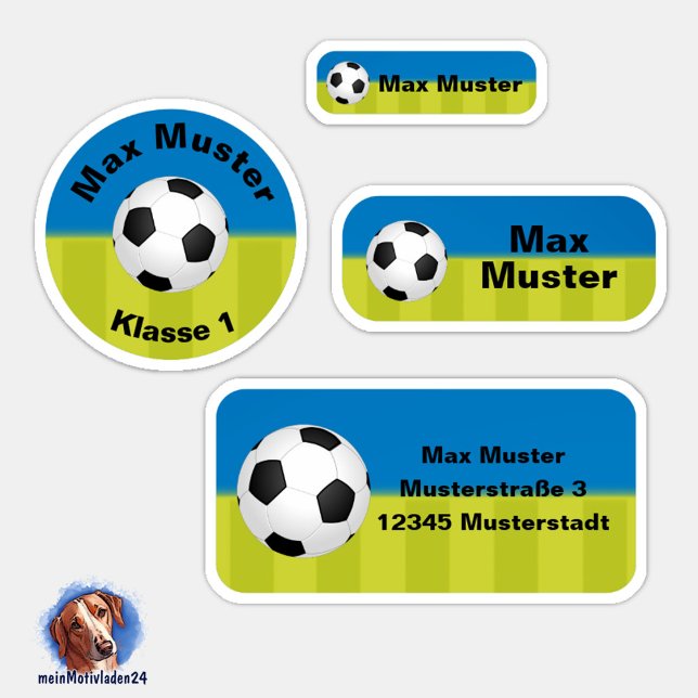 Set - 24 autocollants de nom football bleu vert |  (Namensaufkleber Set für Kinder - Fußball blau grün - 24 teilig, personalisierbar )