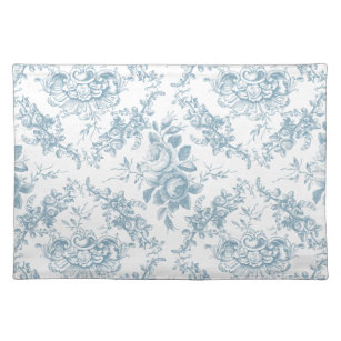 Set De Table Elégante toile florale blanche et bleue gravée