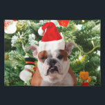 Set De Table Santa Hat Bulldog Christmas Tree Snowman boîte cad<br><div class="desc">Mignonne photo Bulldog avec boîte cadeau de Noël Tree Snowman en arrière - plan. Un cadeau parfait pour Noël !</div>