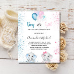 Sexe révéler l'invitation budgétaire baby shower<br><div class="desc">Pour un sexe révéler le baby shower. Un arrière - plan blanc chic. Décoré de parties scintillant et bleu, ballons roses et blancs et poussière de parties scintillant. Un petit éléphant et un éléphant de gaby girl. Personnalisez et ajoutez le nom de la mère à être et les détails de...</div>