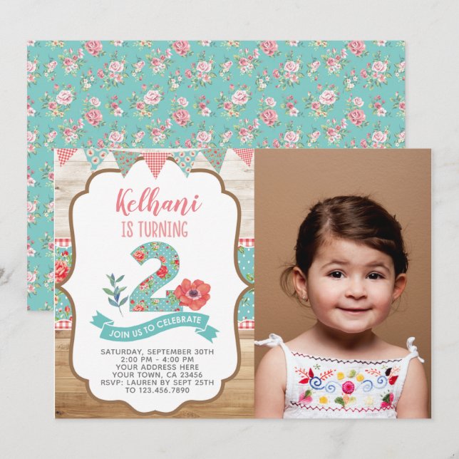 Shabby Chic 2e anniversaire Invitation avec photo (Devant / Derrière)