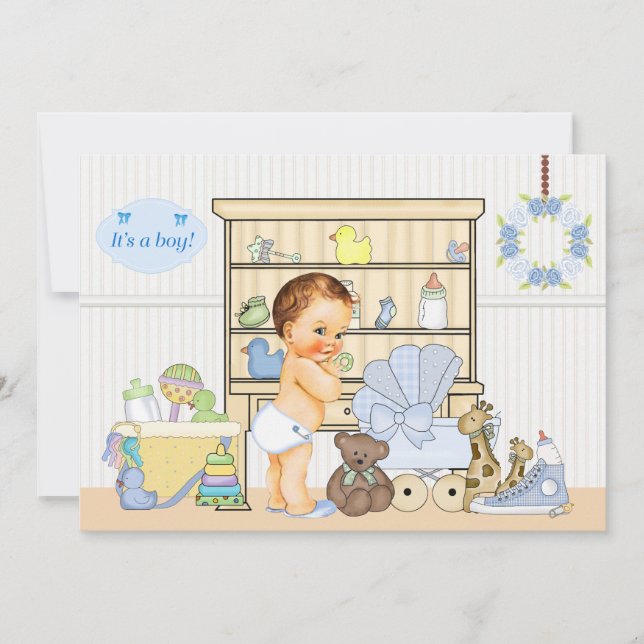 Shabby Chic Baby Boy Blue Baby shower Invitation (Devant)