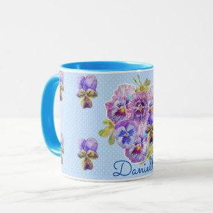 Shabby Chic Blue Pansy Floral Polka Dot Mug