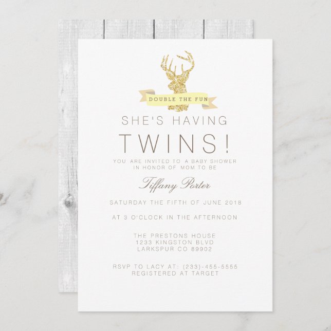 Shabby Chic Deer Twins Baby shower Invitation (Devant / Derrière)