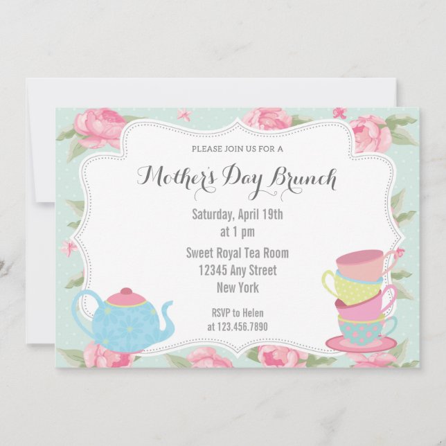 Shabby Chic Fête des Mères Brunch Invitation Bleu (Devant)