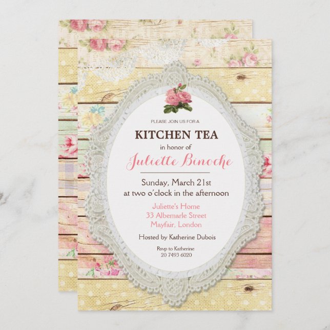 Shabby Chic Floral Bois Cuisine Thé Invitation (Devant / Derrière)