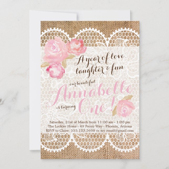 Shabby Chic Invitation d'anniversaire, Burlap & de (Devant)