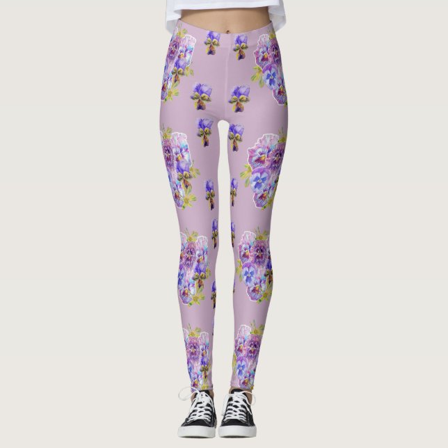Shabby Chic Lilac Purple Pansy Leggings floraux (Devant)