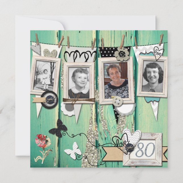 Shabby Chic Photo 80th Birthday Party Invitation (Devant)