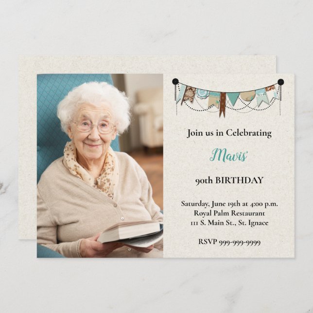 Shabby Chic Photo 90th Birthday Party Invitation (Devant / Derrière)