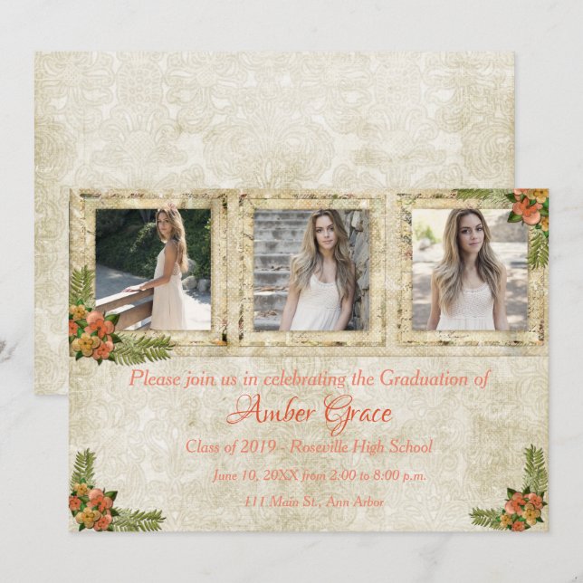 Shabby Chic Photo Graduation Party Invitation (Devant / Derrière)