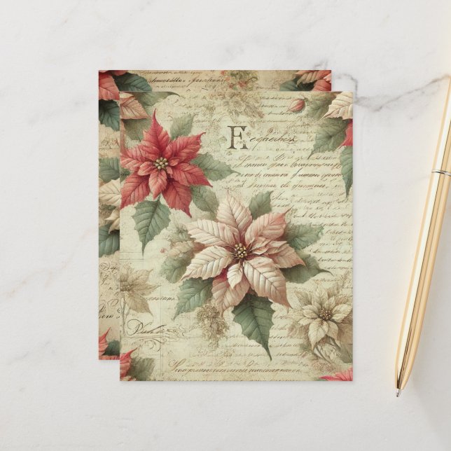 Shabby Chic Poinsettia sur Scrapbook de script pap (Devant/Arrière en situation)