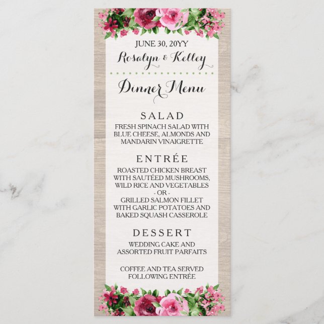 Shabby Vintage Rose Russe Mariage Dîner Menu (Devant)