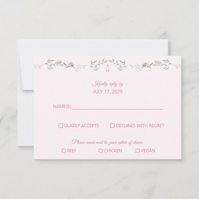 Shades of Pink Foliage Monogram RSVP Response Card (Devant)