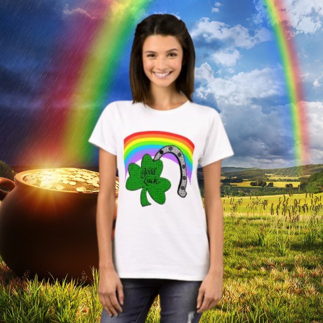 Shamrock de bonne chance, arc-en-ciel et T-shirt e (Good Luck Shamrock, Rainbow and Horseshoe T-Shirt)