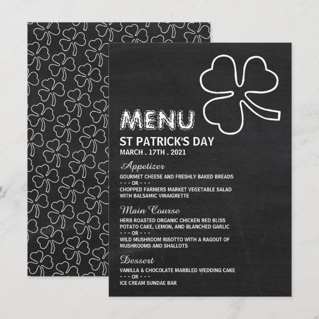 Shamrock de tableau, carte de menu St Patrick's Da (Devant / Derrière)