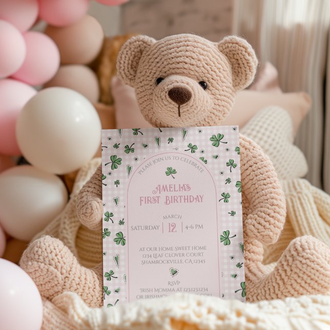 Shamrock rose Premier anniversaire Invitation phot (Cute Baby Girl First Birthday Pink and White Gingham with Green Shamrocks Invitation. Photo on Back.)