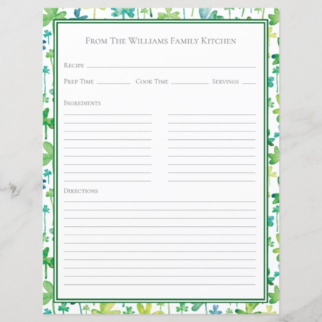Shamrocks Green White Recipe Paper Sheet (Devant)