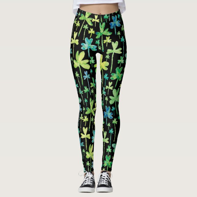 Shamrocks St. Patrick's Day Green Black Leggings (Devant)