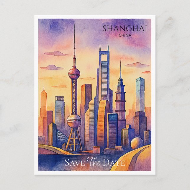 Shanghai Chine Aquarelle Enregistrer la date Carte (Devant)