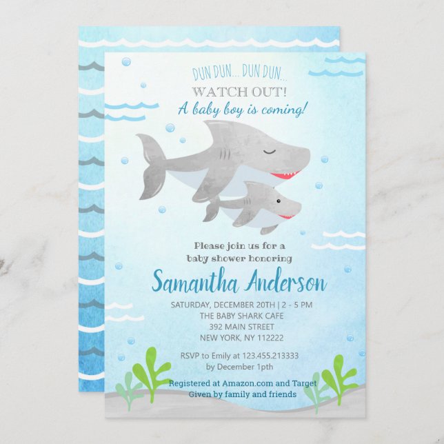 Shark Baby Shower Invitations pour bébé garçon (Devant / Derrière)