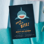 Shark Bait Birthday Party Invitation<br><div class="desc">Cool shark themed birthday party invitations feature a smiling shark swimming in a dark blue sea,  with "join us for a bite" beneath. Personalize with your fin-tastic birthday party details beneath. Invitations reverse to a matching shark pattern.</div>