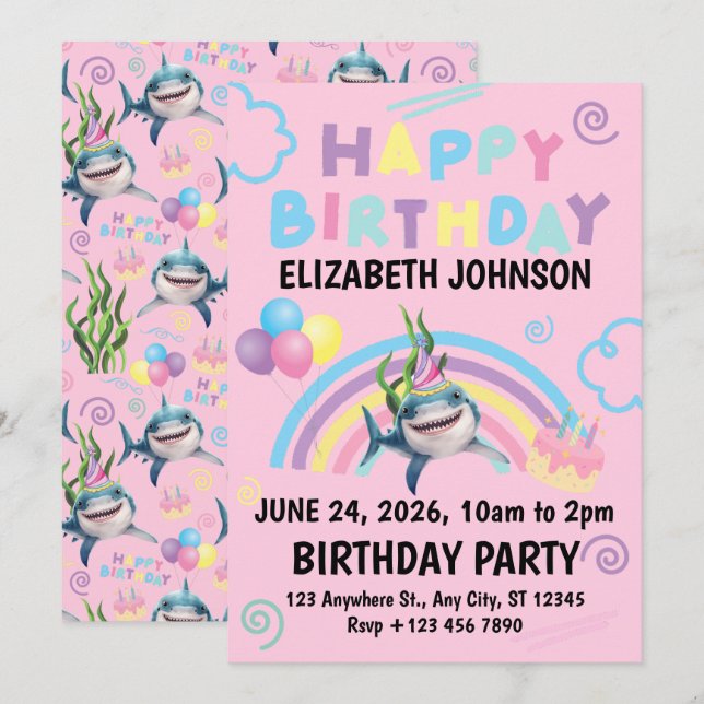 Shark Birthday Invitation in Pink (Devant / Derrière)