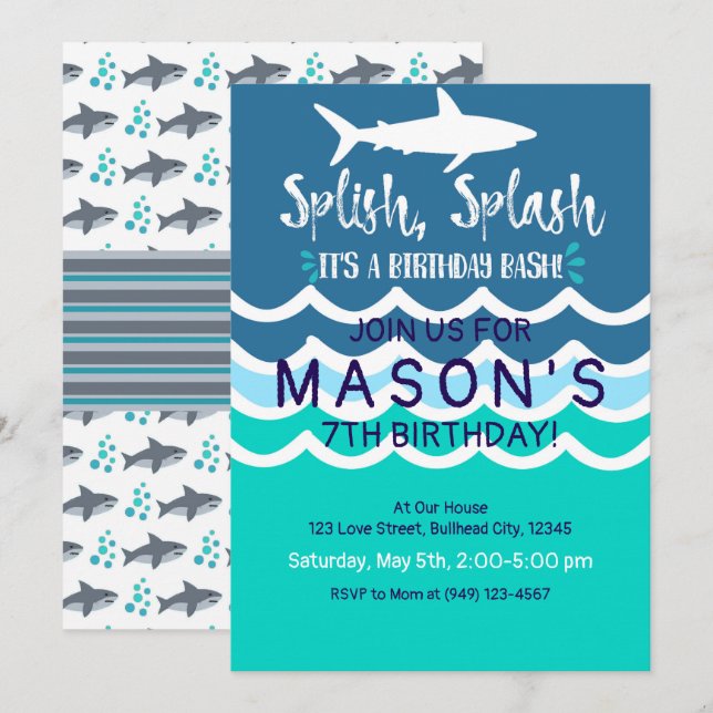 Shark Splash Party nager Invitation Garçons été (Devant / Derrière)