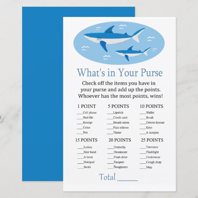 Shark What's in your purse game baby shower (Devant / Derrière)
