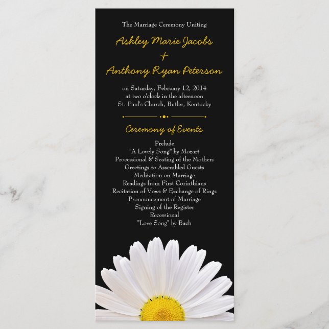 Shasta Daisy Flower Yellow Black Wedding Programme (Devant)