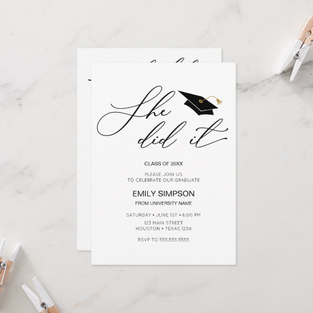 She did it modern Graduation invitation (Devant/Arrière en situation)