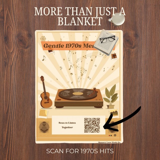 Sherpa Couverture à code QR scannable pour la musicothéra (Retro 1970s music therapy themed blanket with a functional scannable QR code in the corner.)