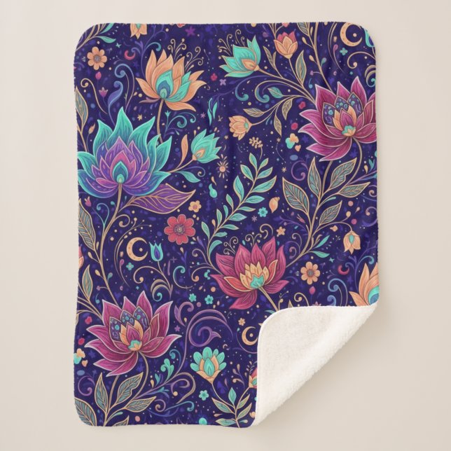 Sherpa Couverture à motif floral Lotus de minuit céleste (Devant)