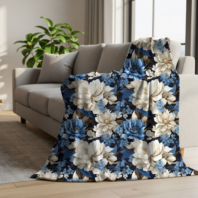 Sherpa Couverture Douce et Confortable à Fleurs en Ivoire (Trendy Blue Ivory Floral Cozy Soft Throw Blanket)
