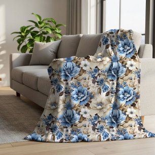 Sherpa Couverture Douce Fleurie en Ivoire Bleu Sophistiqu