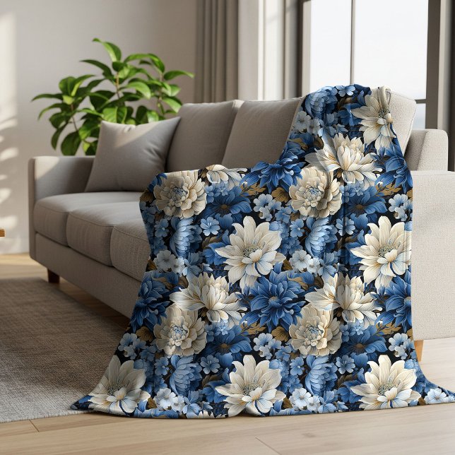 Sherpa Couverture Douillette Fleece Fleurie Bleu Glam Ivo (Glam Blue White Ivory Floral Cozy Fleece Blanket)