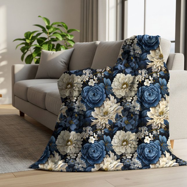 Sherpa Couverture élégante en molleton floral ivoire de D (Designer Blue Ivory Floral Elegant Fleece Blanket)
