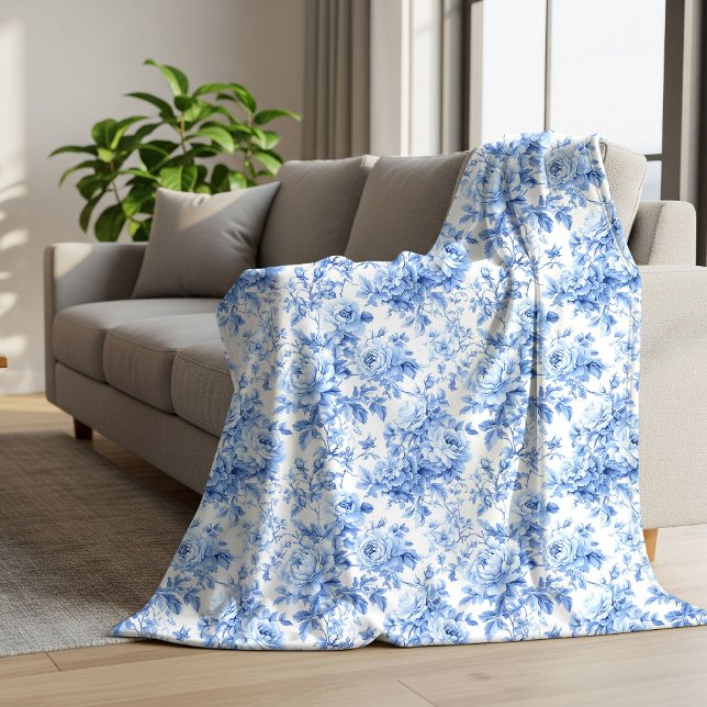 Sherpa Couverture Fleurs Roses Toile de Jouy Bleue de Fer (Farmhouse Blue French Toile Roses Floral Blanket)