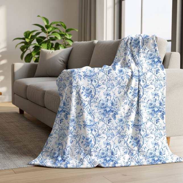 Sherpa Couverture florale Toile de Jouy bleue chic avec r (Chic Blue French Toile Roses Floral Blanket)