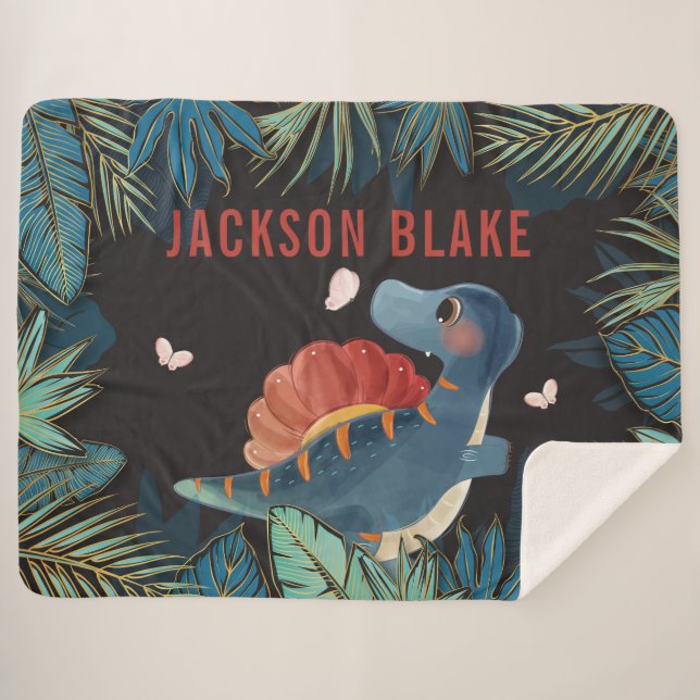 Sherpa Couverture pour garçons avec dinosaure et feuilles (Devant (Horizontal))