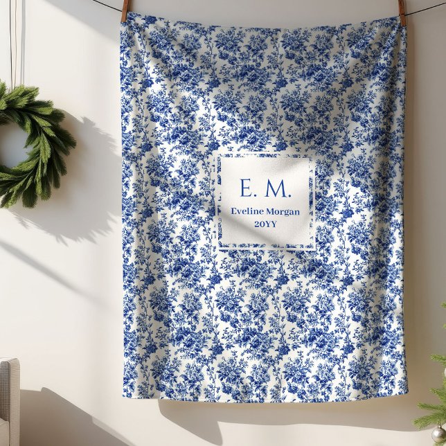 Sherpa Nom personnalisé couverture fleur toile de Jouy bl (Custom Name Floral Toile Blue Blanket Best Gift)