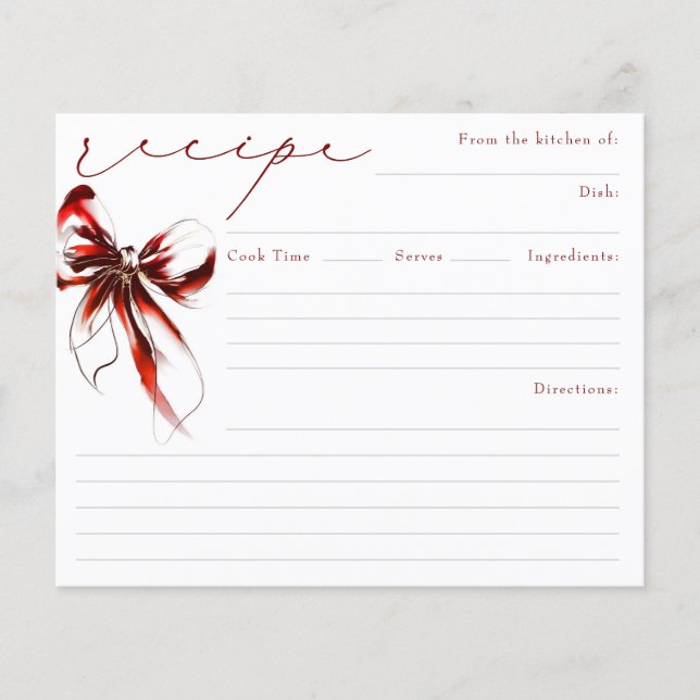 She's Tying the Knot Red Bow Bridal Recipe Card (Devant)