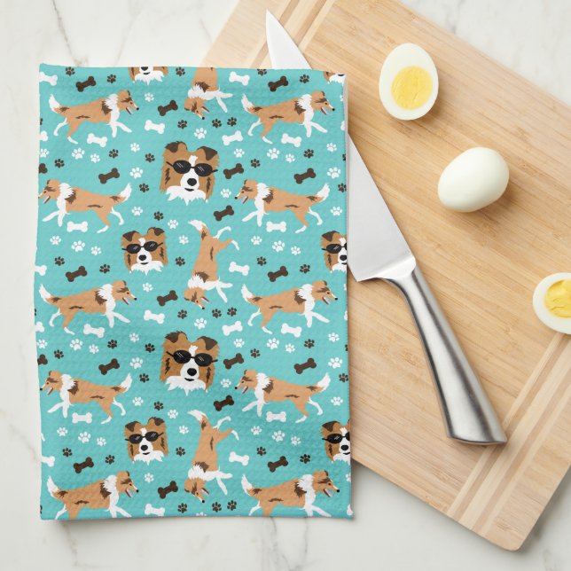 Shetland Sheepdogs Sheltie Aqua Serviette de cuisi (Quart Plié)