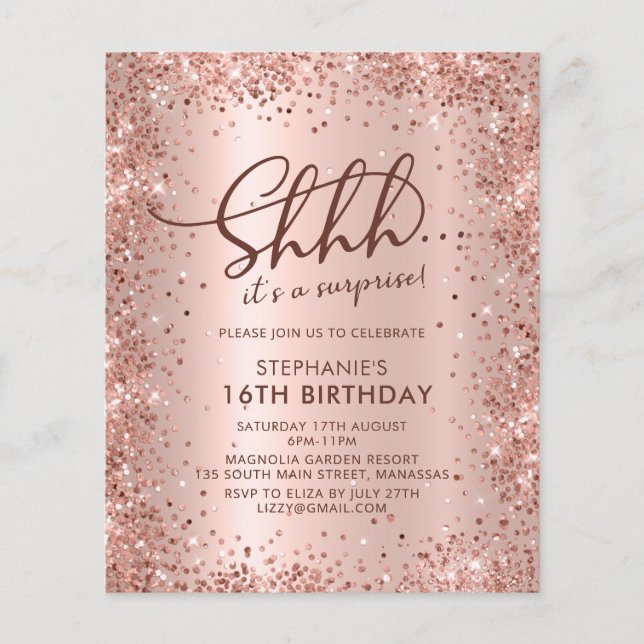 Shhh Surprise Rose Gold Sweet 16 Anniversaire Invi (Devant)