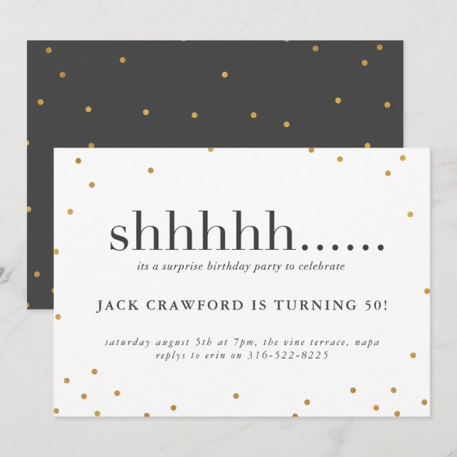 Shhhh, invitation surprise à la fête d'anniversair (Devant / Derrière)